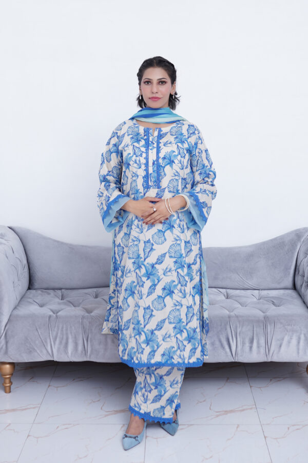3 PIECE LAWN BLUE FLORAL PRINT ON A WHITE BASE WITH THREAD COLOR - Image 2