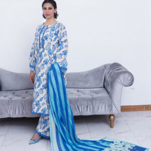 3 PIECE LAWN BLUE FLORAL PRINT ON A WHITE BASE WITH THREAD COLOR