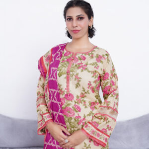 3 PIECE LINEN FLORAL PRINT WITH INTRICATE EMBROIDERY